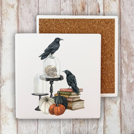 Halloween Black Crow Pumpkins Stone Coaster