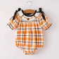 Fall Halloween Orange Embroidery Smocking Plaid Bow Baby Girls Romper