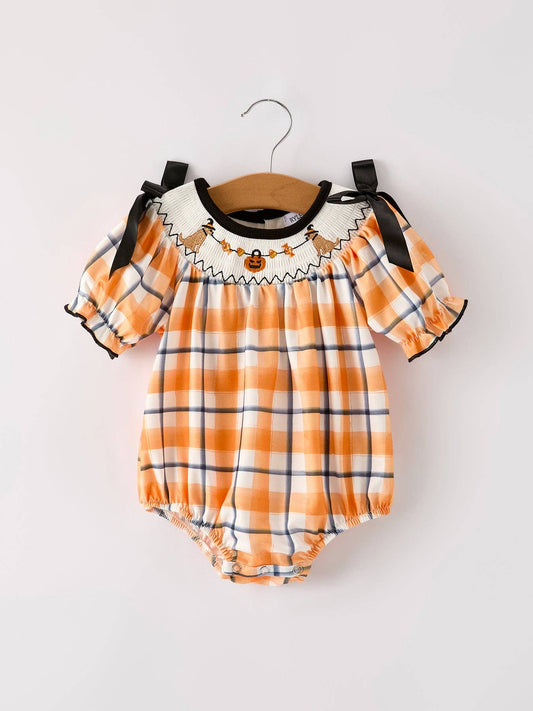 Fall Halloween Orange Embroidery Smocking Plaid Bow Baby Girls Romper