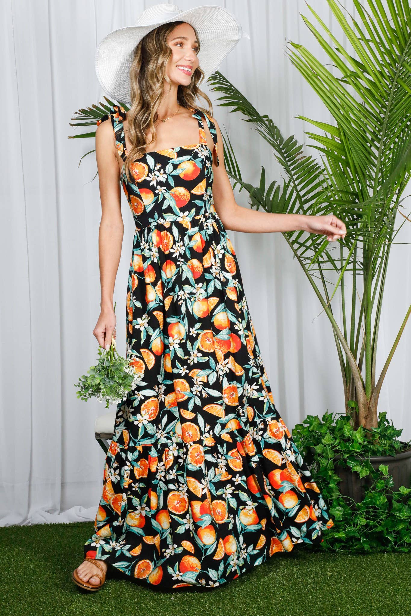 Shoulder Strap Ruffle Hem Orange Print Maxi Dress VD81567D