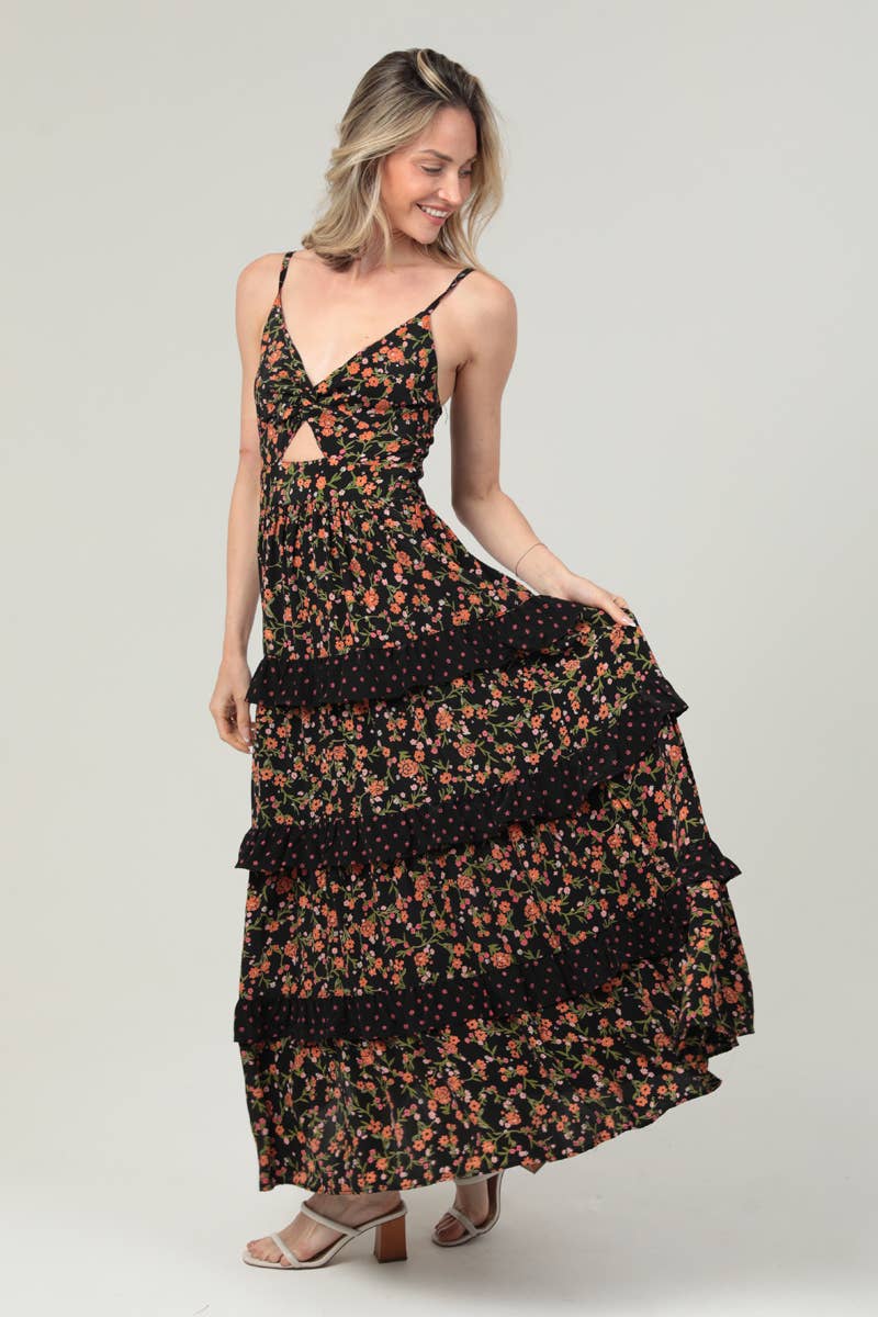 Black Twist Front Ruffle Tier Maxi Dress