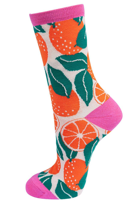 Women's Orange Print Bamboo Socks in Cream Hot Pink: UK 3-7 | EU 36-40 | US 5-9