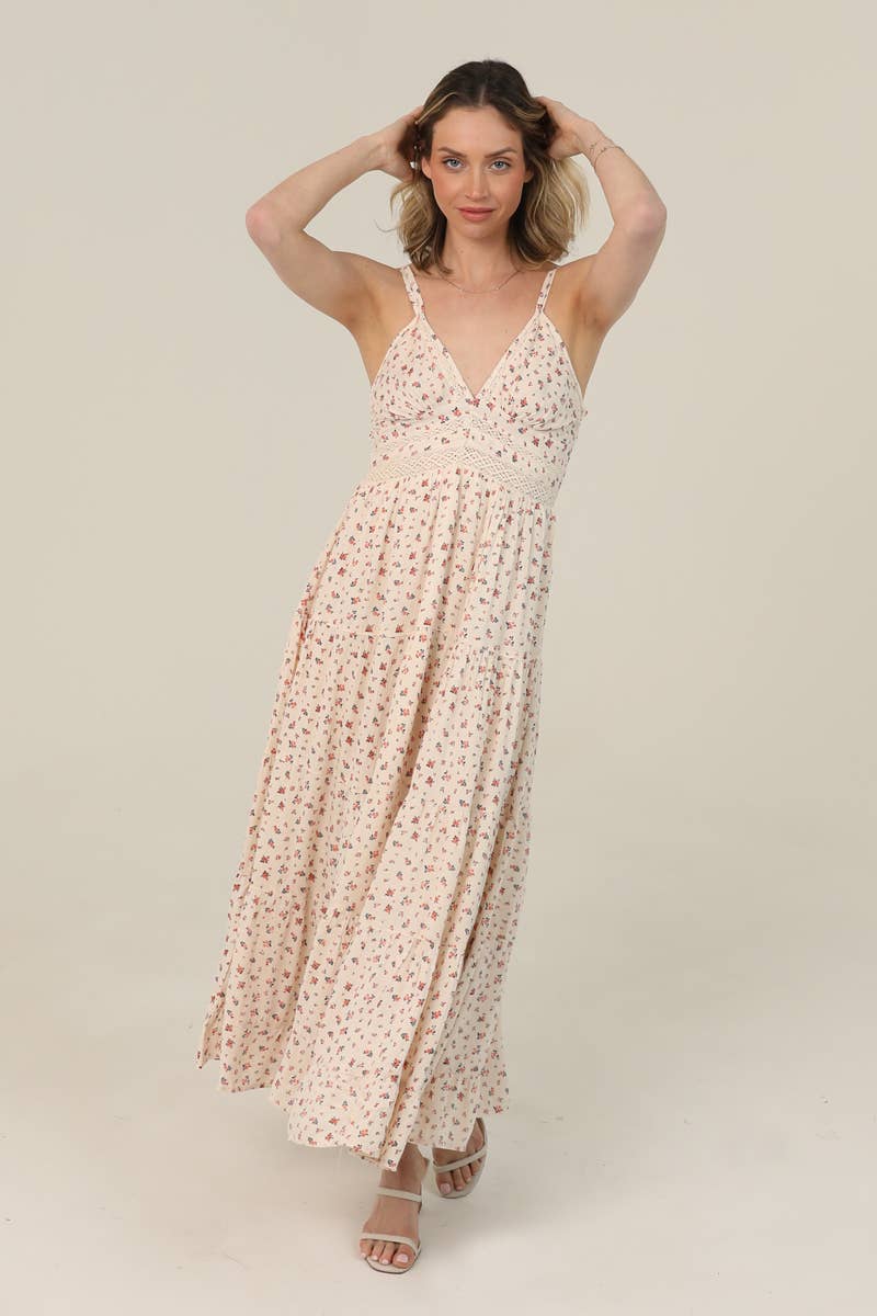 V NECK LACE TRIM DITSY PRINT MAXI DRESS