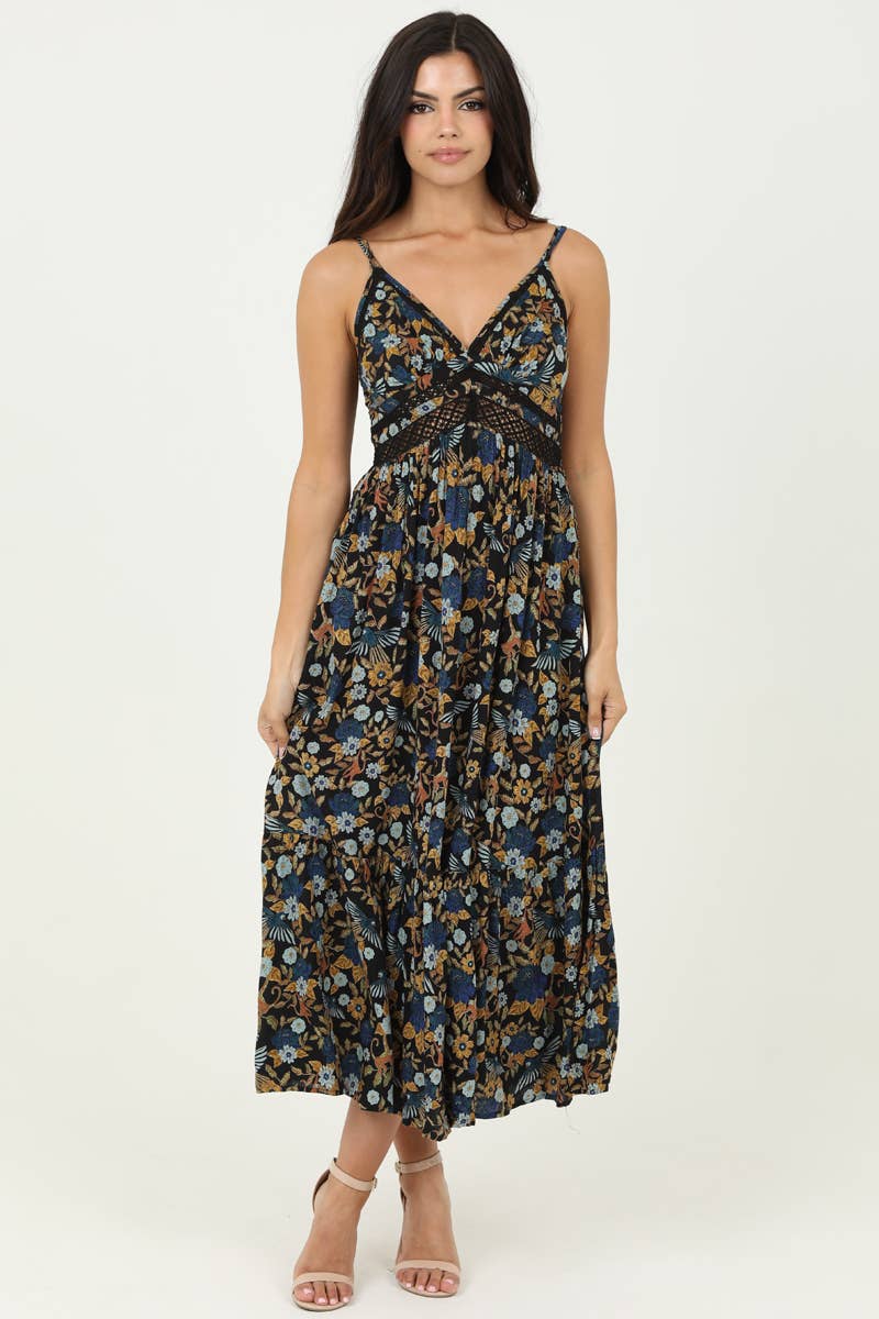 Dark Blue Floral Lace Trim Maxi Dress