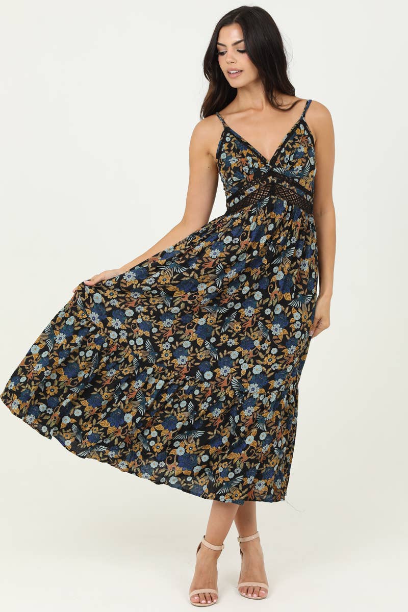 Dark Blue Floral Lace Trim Maxi Dress