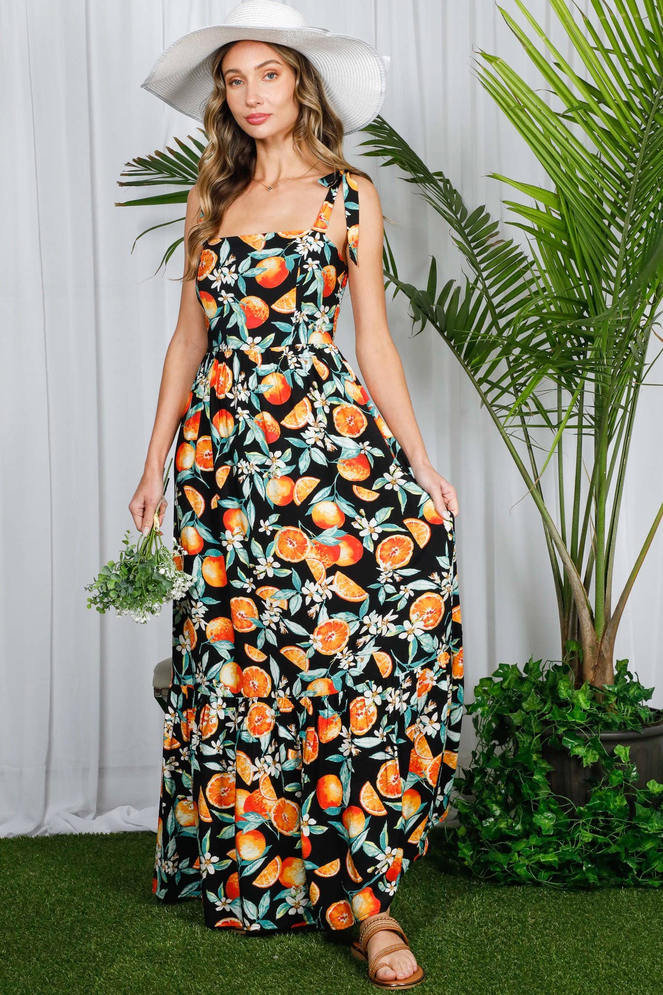 Shoulder Strap Ruffle Hem Orange Print Maxi Dress VD81567D