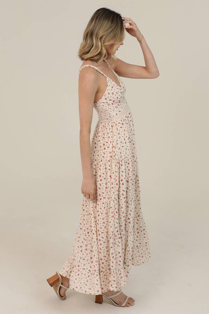 V NECK LACE TRIM DITSY PRINT MAXI DRESS