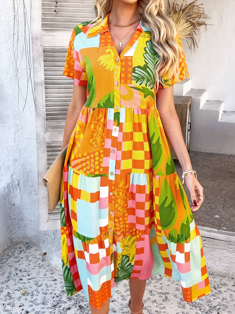Bohemian Casual High-Waisted Color Block Dress DY327