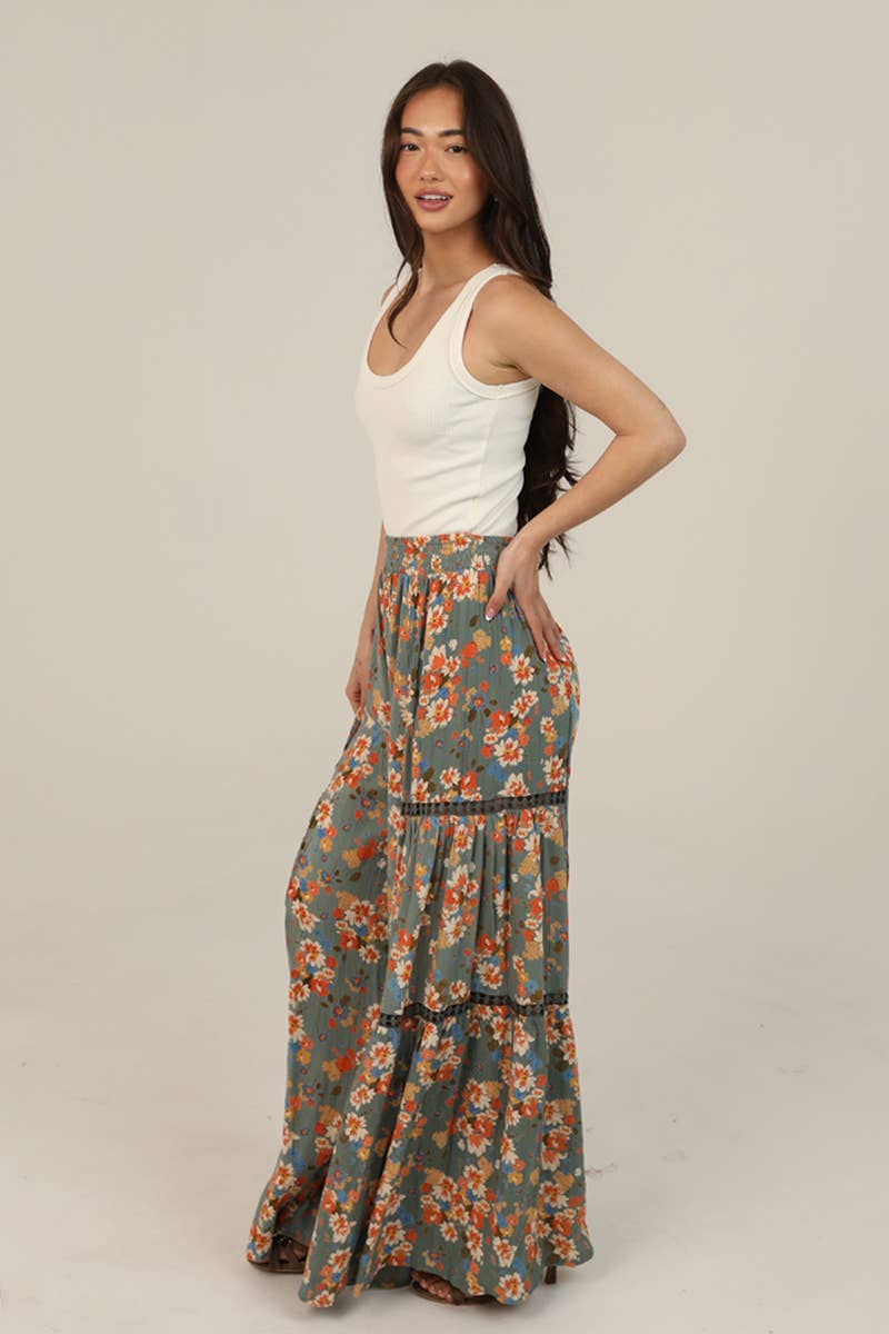 Floral Wide Leg Pants With Lace Inserts