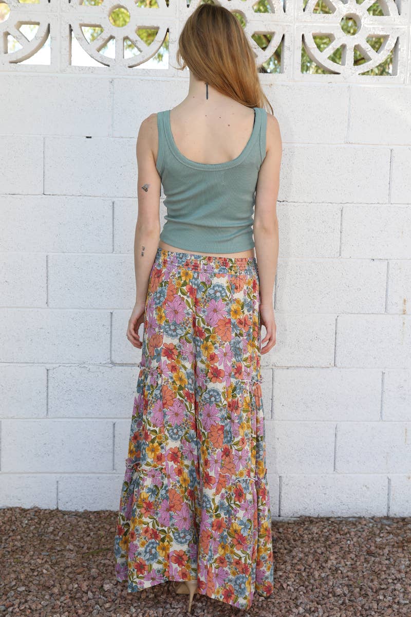 WIDE LEG FLORAL PRINTED SMOCKED PANTS