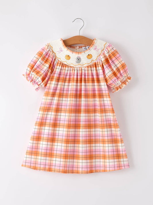 Pumpkin Bow Ghost Smock Embroidered Plaid Girls Dress