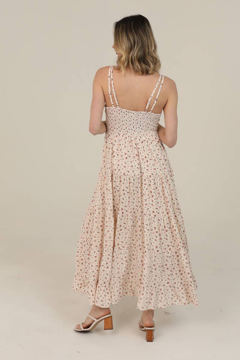 V NECK LACE TRIM DITSY PRINT MAXI DRESS
