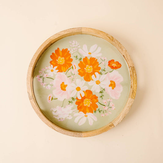 Bouquet Large Round Wood Enamel Tray