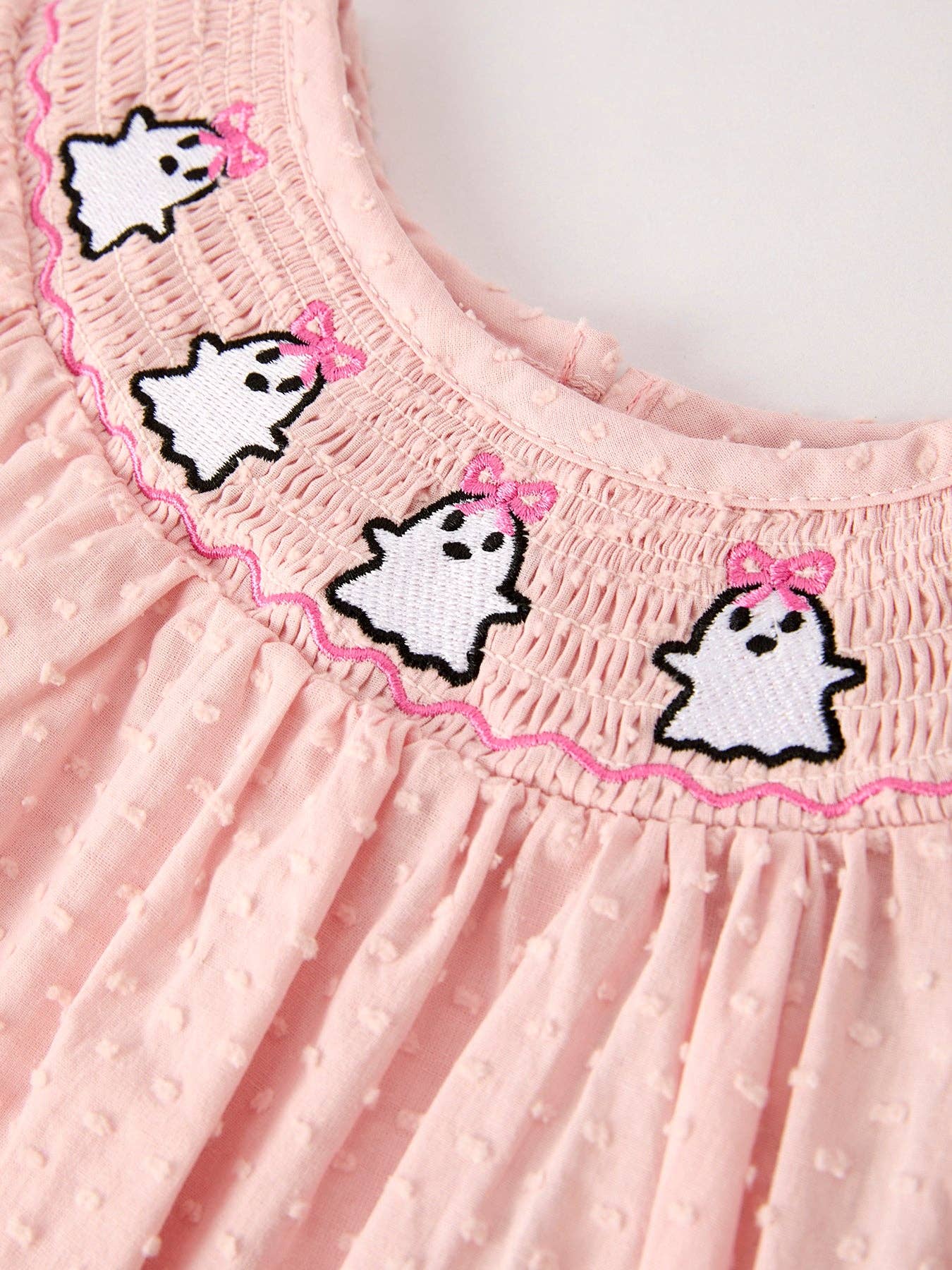 Autumn Halloween Light Pink Ghost Embroidery Smock Girl Dress