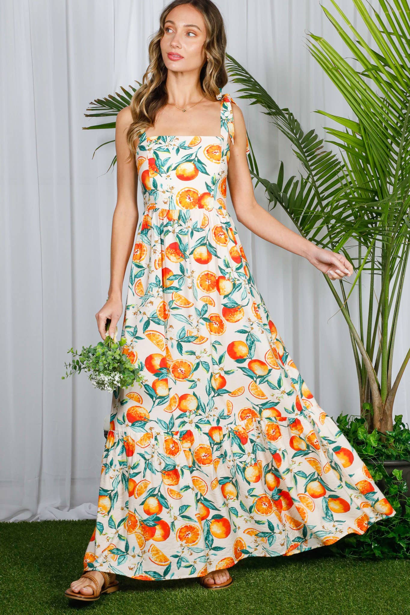 Shoulder Strap Ruffle Hem Orange Print Maxi Dress VD81567D
