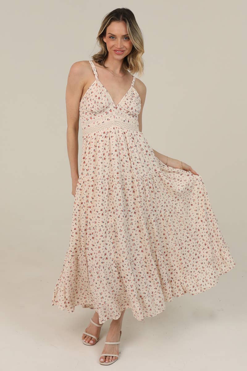 V NECK LACE TRIM DITSY PRINT MAXI DRESS