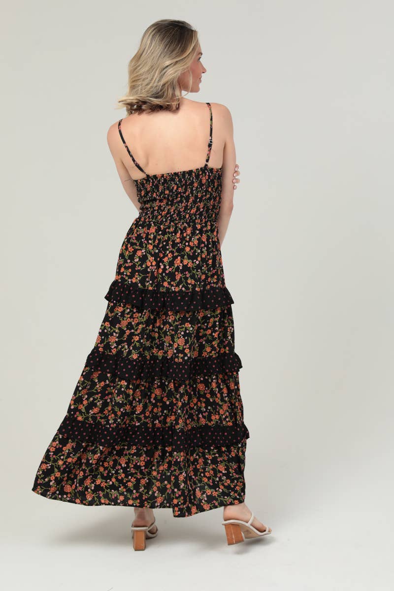 Black Twist Front Ruffle Tier Maxi Dress